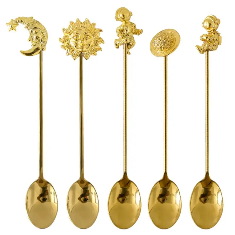 

Позолоченные Sun Moon Нержавеющая сталь ложка для размешивания кофе палочки снэк-вилка для фруктов и десертов ложки с длинной ручкой, ложка дл...