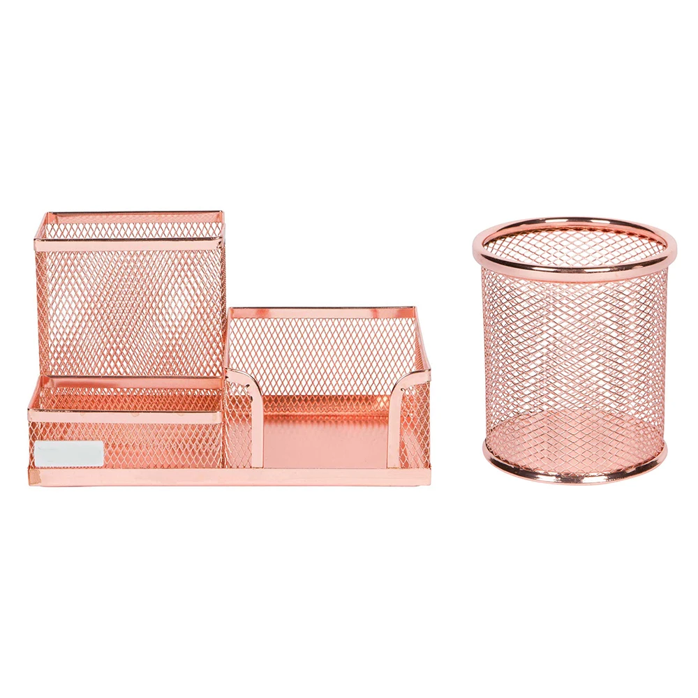 Rose-Gold XRHYY проволочная сетка мульти-функциональный стол органайзер для Канцелярии подставка для карандашей с 3 отделениями для хранения канцелярских принадлежностей держатель для офисные школьные принадлежности, блокноты - Цвет: Rose-Gold