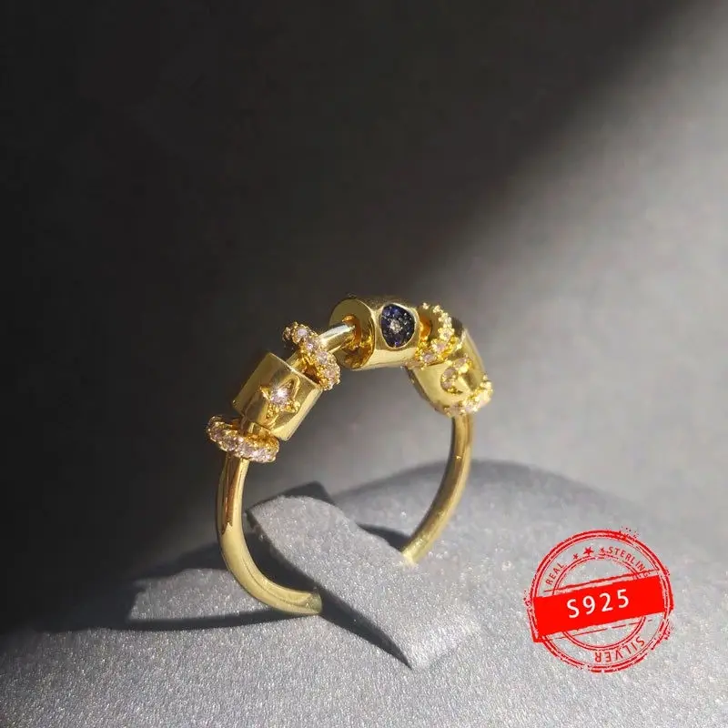 

S925 Sterling Silver Ring New Season to Revolve Star and Moon Ring Women Fashion French Light Luxury Bohemian Jewelry