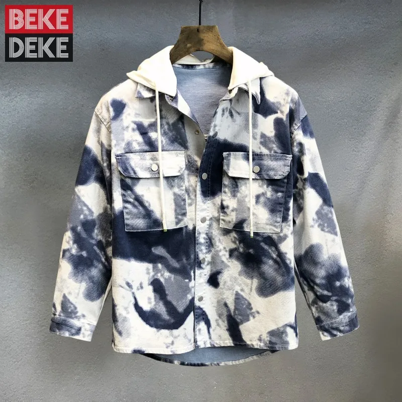

Fashion Tie Dye Denim Jacket Men Spring Autumn Loose Fit Pockets Single Breasted Hooded Casual Outerwear Male Hip Hop Cargo Coat