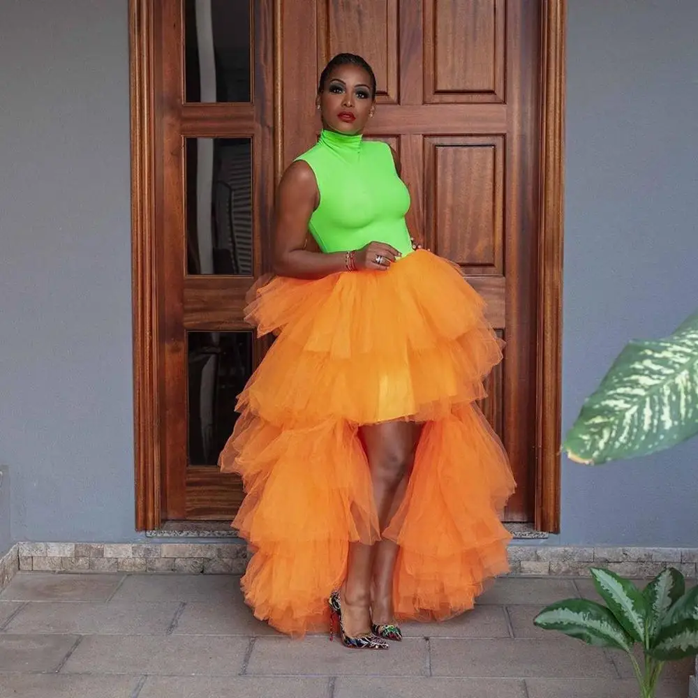 

Puffy Women Skirts Tulle mujer faldas Orange Formal Party Prom Skirt Tutu jupe femme Hi low Woman Skirt Tiered Color Size Custom