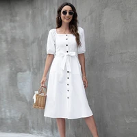 summer women clothing square collar lantern sleeve woman dresses high waist single breasted sashes office lady casual midi dress