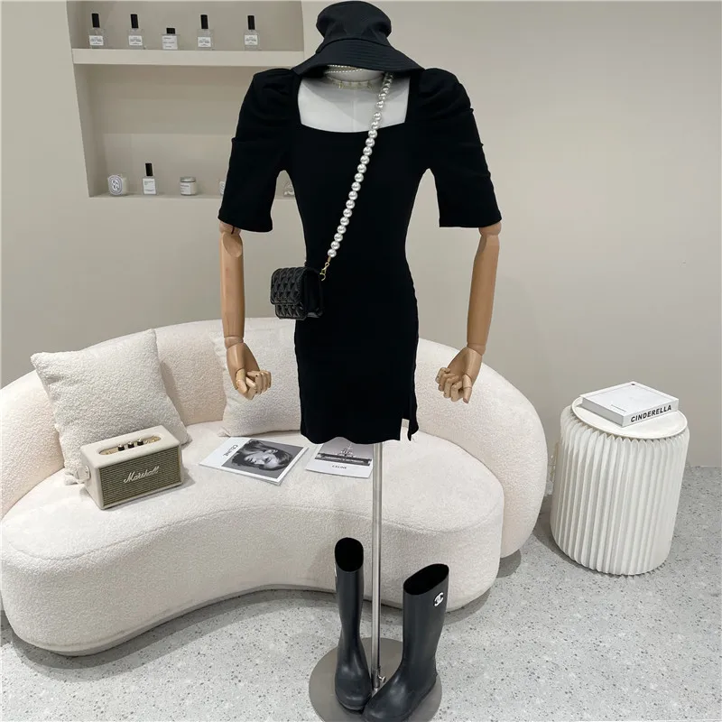 

Niche Design Women's Spring Summer 2021 Fashion Temperament Square Collar Backless Short Sleeve Cotton Dress