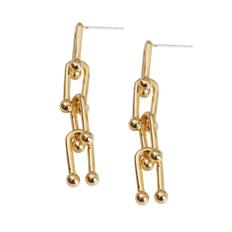 

European Ins Style Design U-shaped Chain Ring Long Drop Earrings Women Long Dangle Party Statement Metal Earring Ear Ring