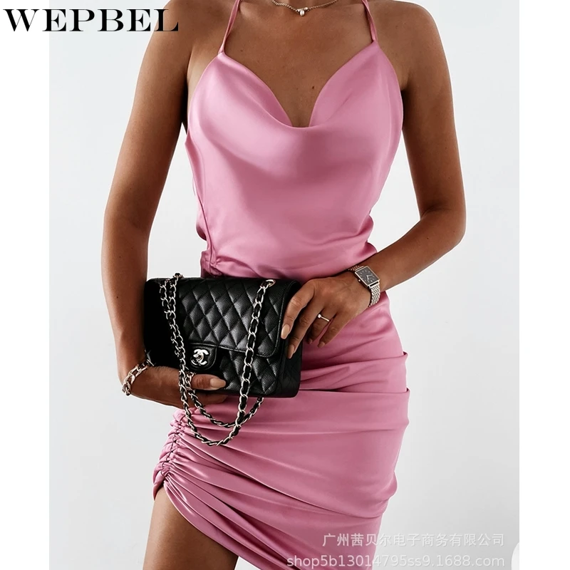 

WEPBEL Dress Women's Sexy Slim Backless Halter Lace-up Dress Summer Fashion V-neck Spaghetti Strap Solid Color Pleated Dress