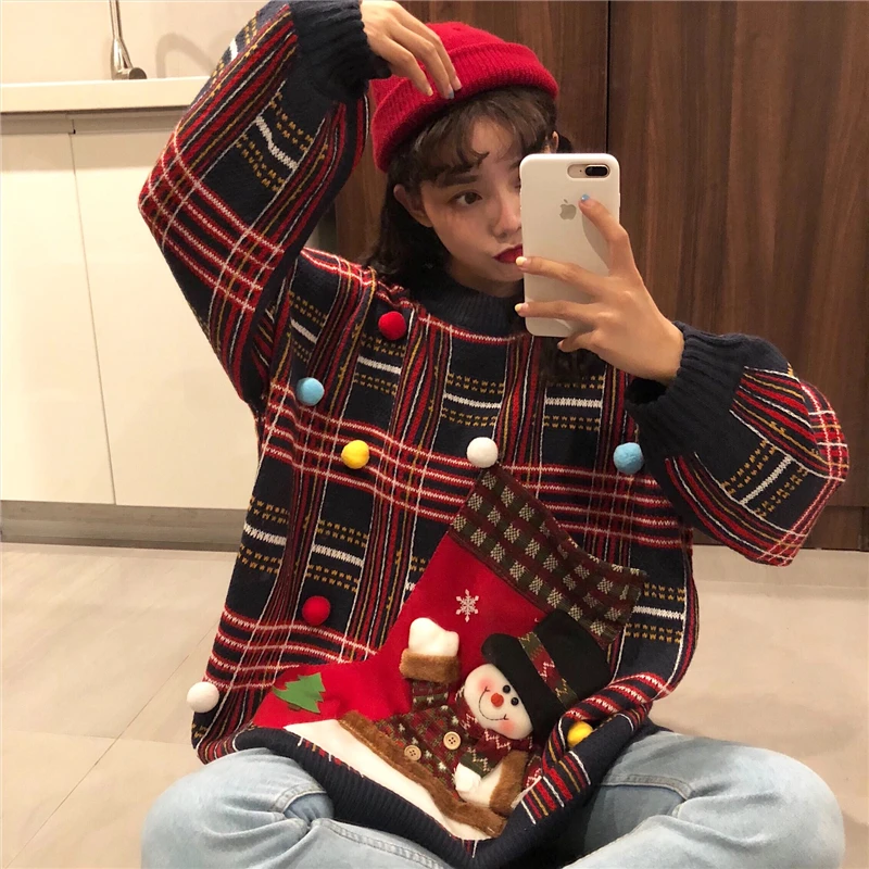 

New Year Fashion Christmas sweater for woman Winter Retro plaid knit casual pullover Harajuku Oversized Couple pocket Jumper