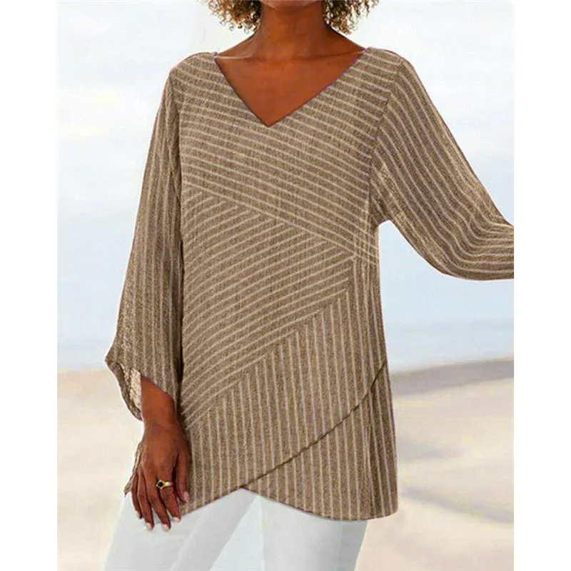 

Fashion Women Loose V-neck Blouse Solid Color Cross-striped Long-sleeved T Shirts New Casual Top