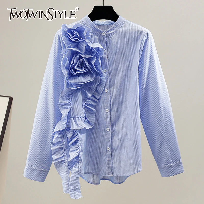 

TWOTWINSTYLE Patchwork Floral White Shirt For Women Stand Collar Long Sleeve Loose Solid Button Through Blouse Female Clothing