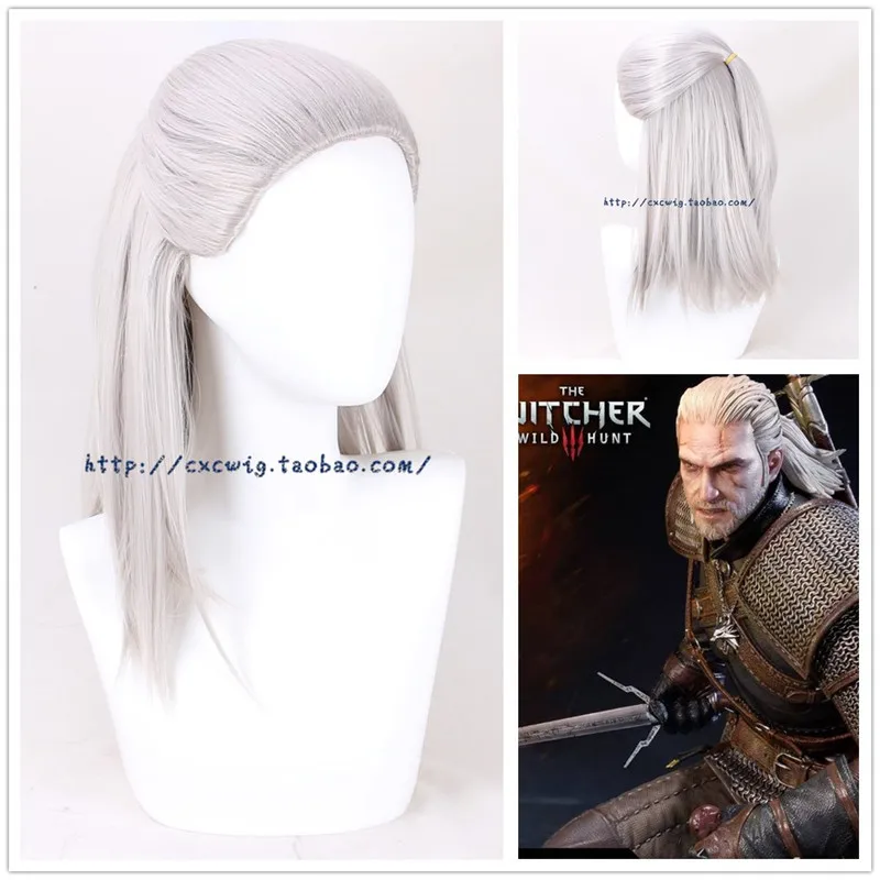 Geralt of Rivia Cosplay Wig White Slivery Straight Synthetic Hair Wigs for Men Party Novel Game Costume Halloween + Wig Cap
