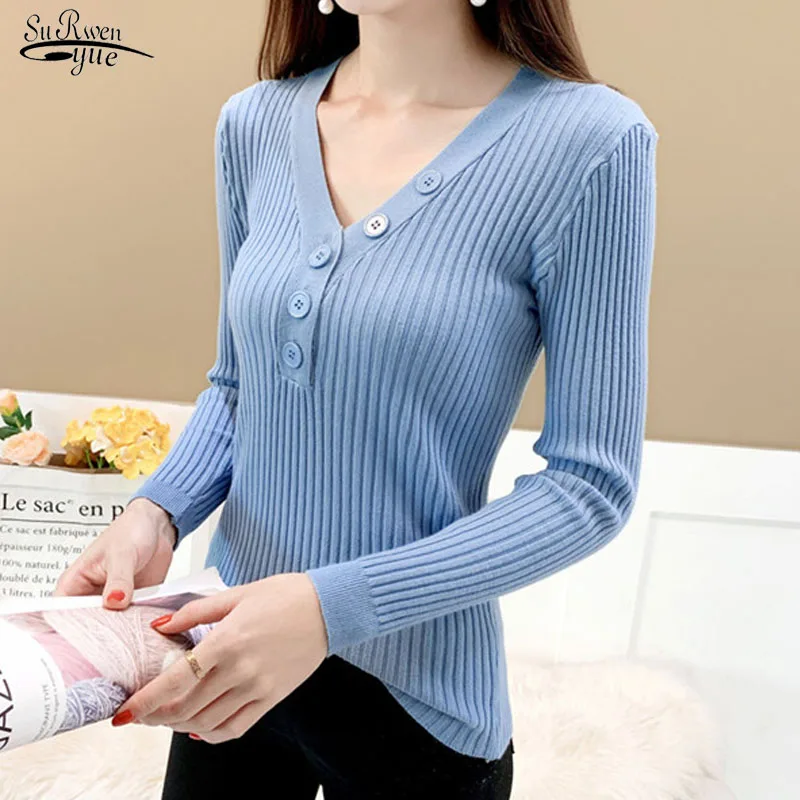 

2020 Autumn Long Sleeve Button Slim Pullover Bottoming Solid Sweater Core-spun Candy Color V-neck Knit Sweater Pull Femme 11037