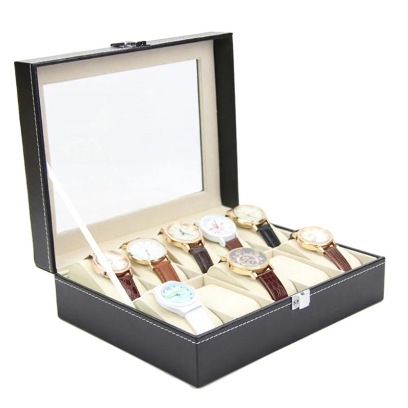 

Hoge Kwaliteit Horloge Doos Grote 10 Grids Mens Black Pu Lederen Display Sieraden Case Organizer Box Storage Case Met Slot