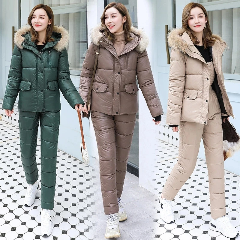 Tracksuit women 2022 winter Parka Real fur collar hooded cotton jacket coat pants suits female Down cotton 2 piece sets warm