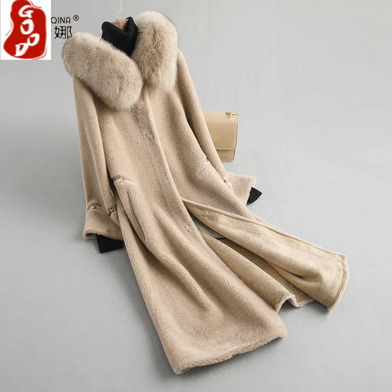 

Winter Coat Women Real Fur Coat Female Sheep Shearing Long Jacket Large Fox Fur Hood Clothes 2021 Wool Coats Hiver 18113