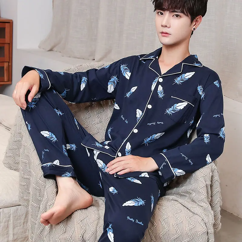 100% Cotton Pajamas Men's Summer Short-sleeved Men's Thin Section Spring and Autumn Long-sleeved Cotton Suit Home Wear