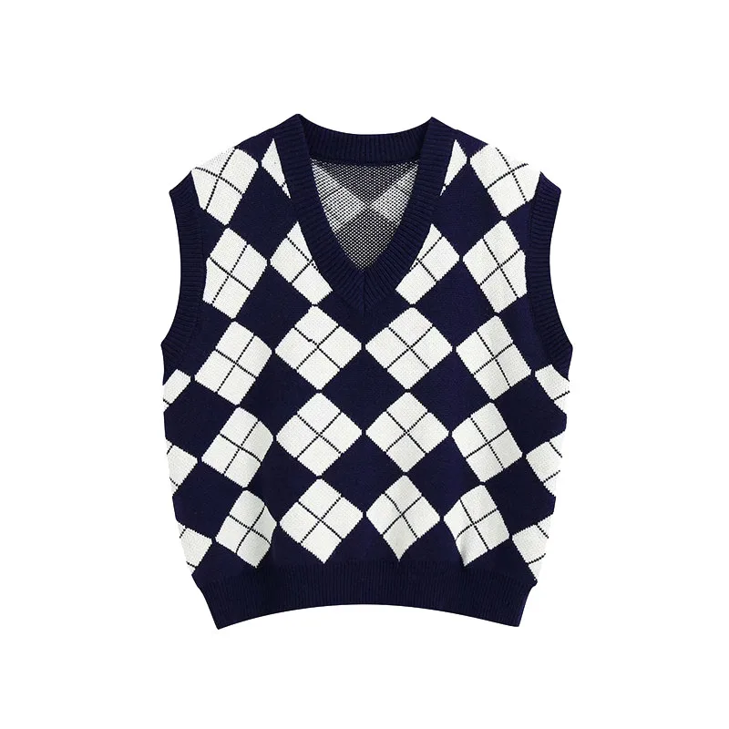 

Klacwaya Women 2020 Fashion England Style Argyle Pattern Knitted Vest Sweater Vintage Sleeveless Loose Female Waistcoat Chic Top