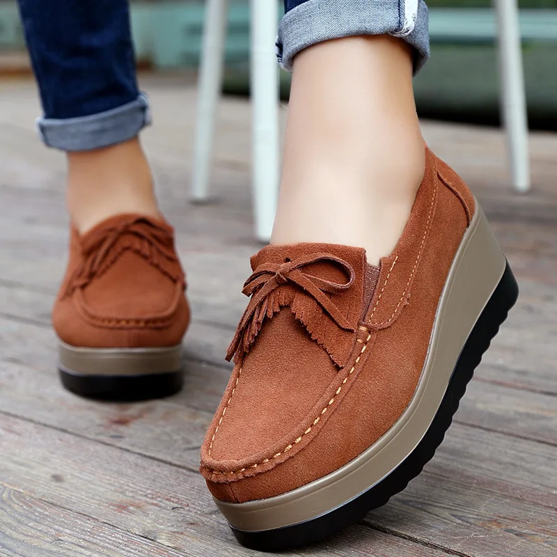 

2021 Fashion Autumn Women Platform Shoes Leather Suede Plush Slip On Sneakers Chaussure Femme Tassel Fringe Loafers Moccasins