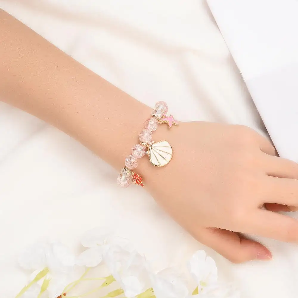 Lovely Glass Beads Stretch Bracelet with Shell Starfish and Conch Charms for Girls | Украшения и аксессуары