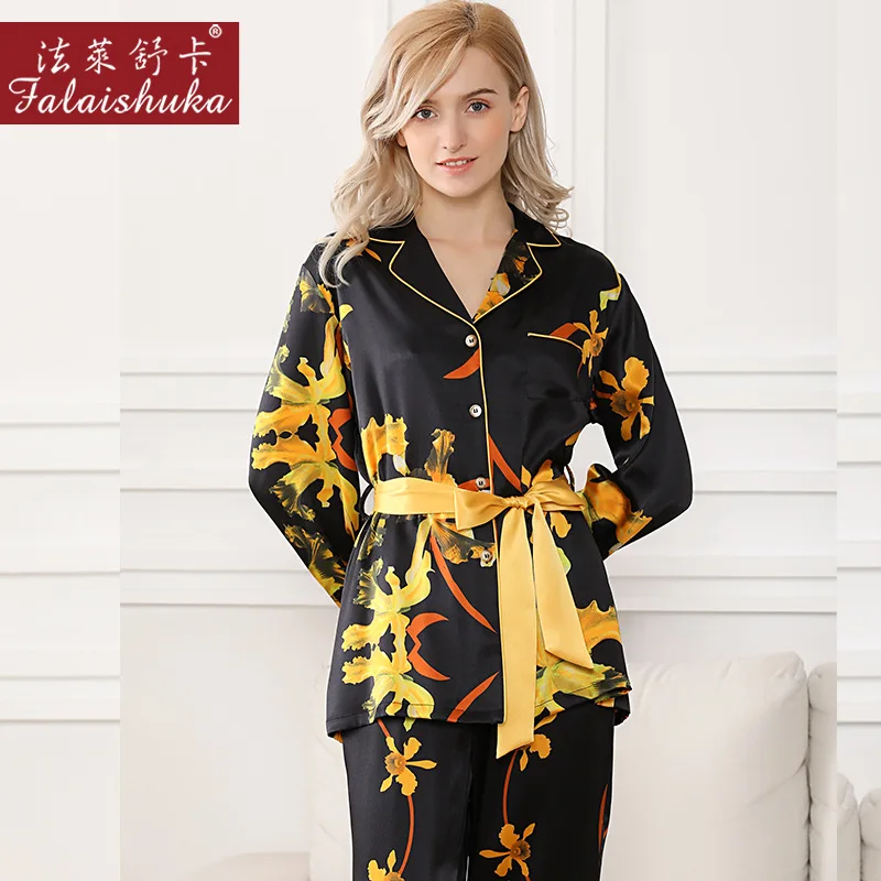 Silk Stain Pajamas 2020 Flower Print Full Sleeve Woman Spring Summer New Homewear 100% Silk Sleepwear Sets Home Wears XL