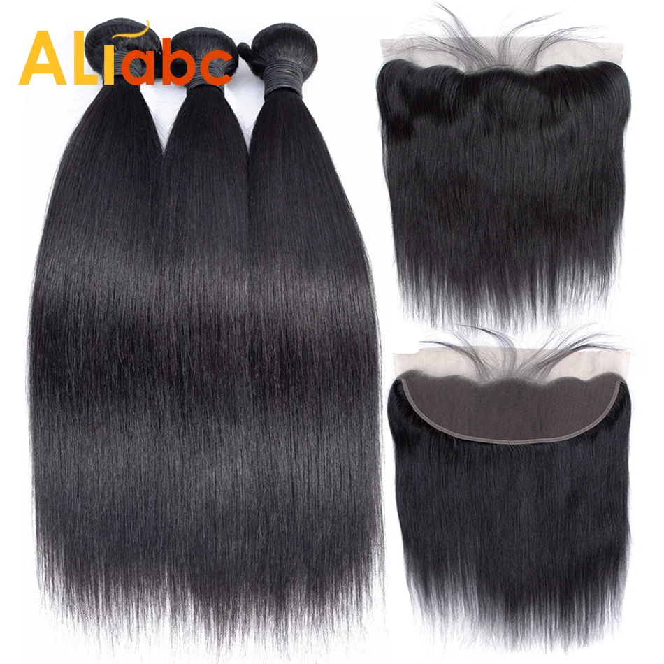 Aliabc бразильские прямые волосы плетение 3 пучка с фронтальным кружевом Закрытие