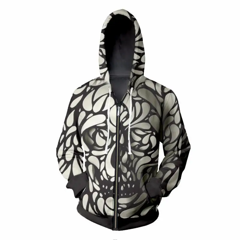 Black white full print Zipper Hoodies 3d Petal skull Men's Hoody Jackets Fashion Men Women Autumn Hooded Tracksuit XS-7XL | Мужская