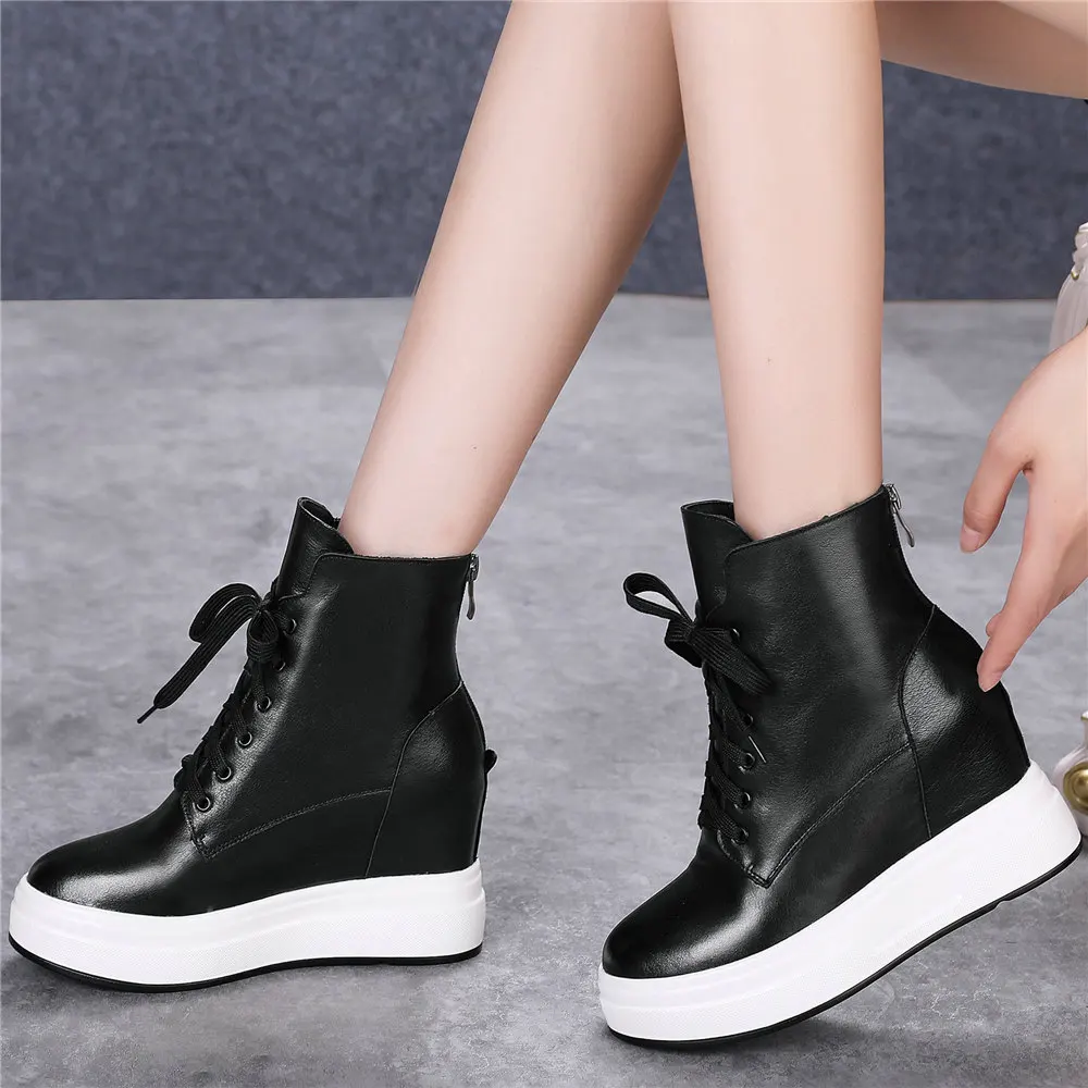 Fashion Sneakers Women Genuine Leather Wedges High Heel Ankle Boots Female Winter Round Toe Platform Pumps Shoes Casual Shoes