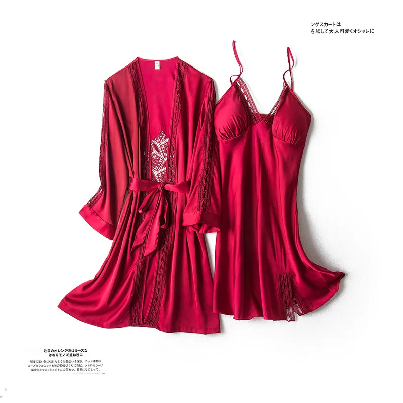 

Sexy Lace Robe Sets With Belt 2PCS Women's Satin Pijamas Set Nightgown Silk Summer Sleepwear Bathrobe Female Pijamas Mujer