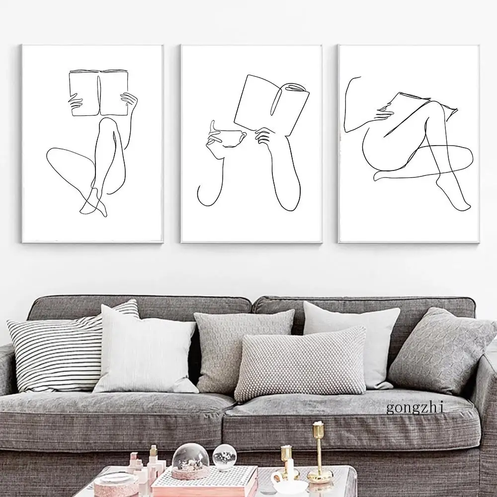 

Woman Holding Book Coffee Abstract Line Drawing Poster Black and White Canvas Painting Print Bookstore Wall Art Pictures Decor