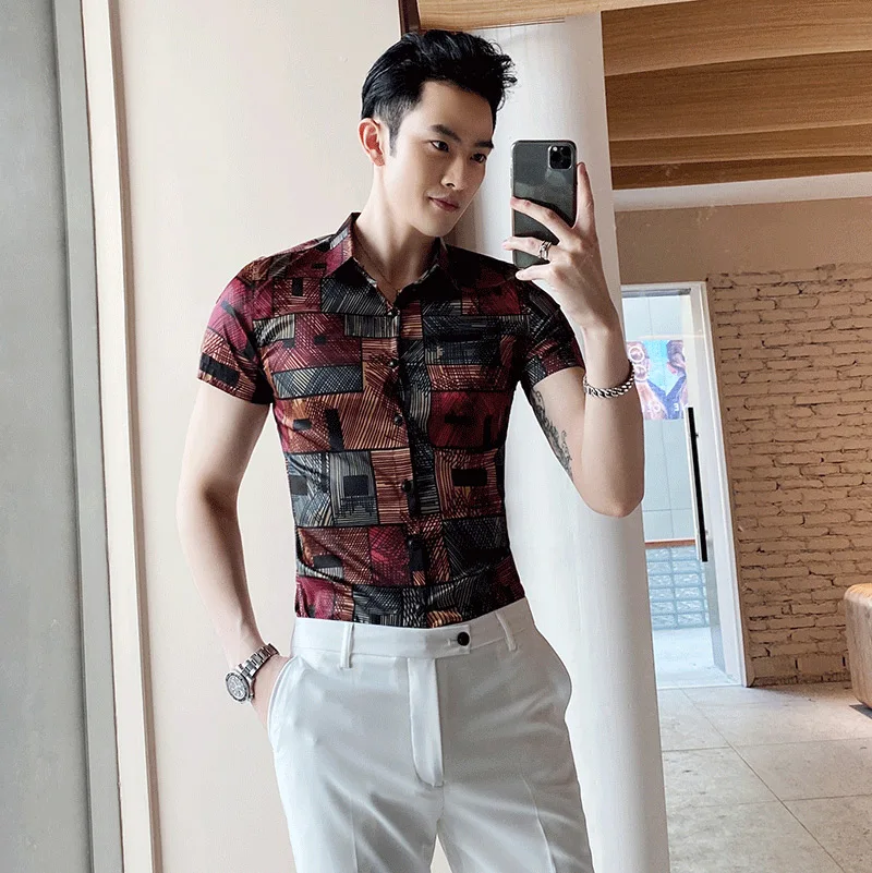 

hawaiian shirt men slim printing shirts Short Sleeve men shirts Top Quality men's blouse summer shirt flowers man dress shirts