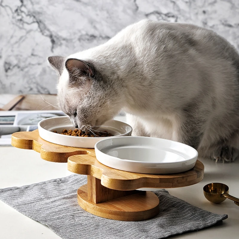 Kaufen Abnehmbare Pet Keramik Doppel Lebensmittel Schalen Bambus Halter Katze Feeder Welpen Hund Fütterung Gerichte Für Essen Trinken