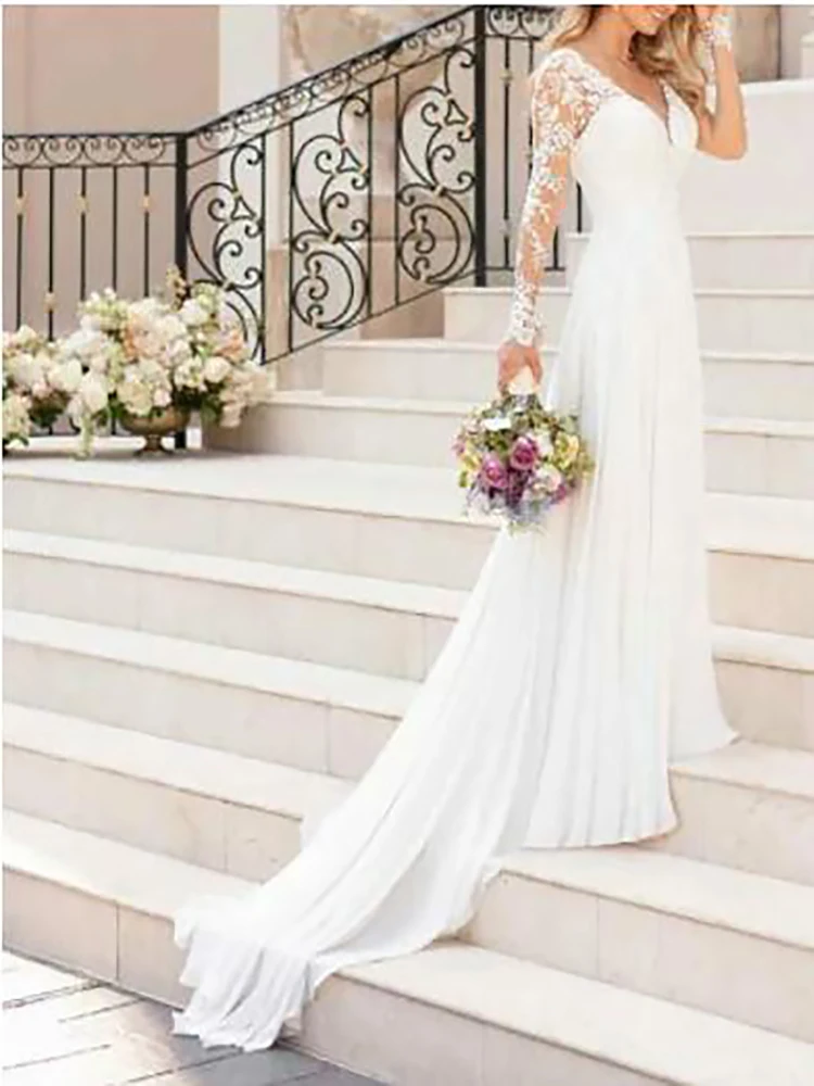 

A-Line Wedding Dresses V Neck Sweep / Brush Train Chiffon Lace Long Sleeve Romantic Illusion Sleeve with Lace Insert 2021