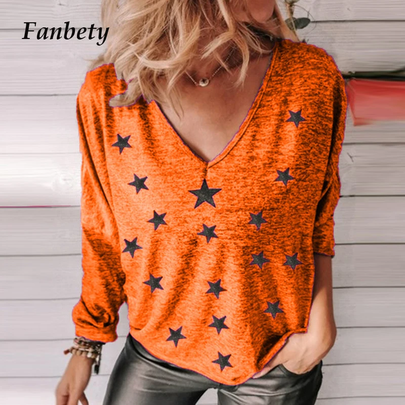 

5XL Women Elegant V-Neck Star Print Blouses Shirts 2021 Spring Casual Loose Tops Female Fashion Long Sleeves Streetwear Blusa