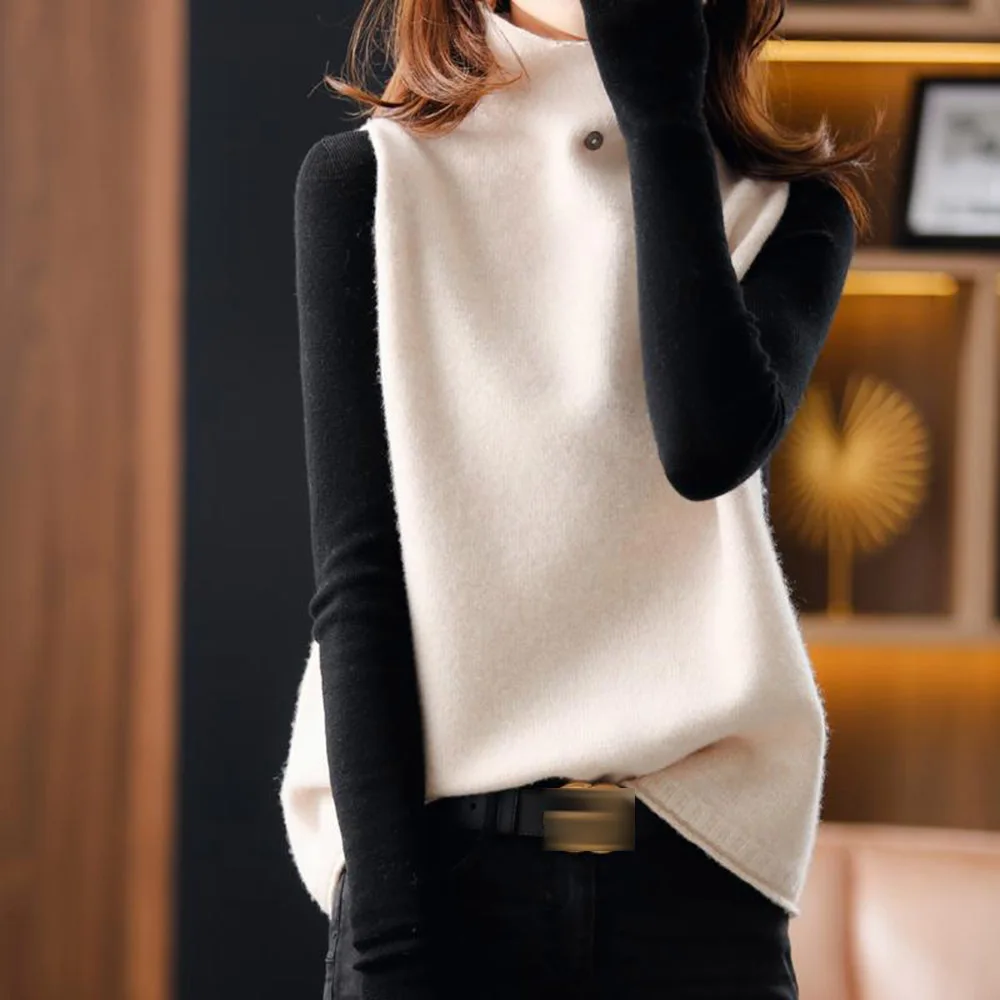 

New Women Fashion Knits Sweater Non Sleeve Pullover High Collar Loose Patchwork OL Commuter Female Knits Vest Winter Clothing