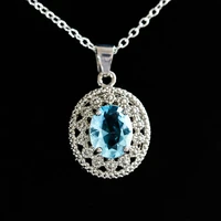 fashion round circle sea blue cut zircon pedant necklace for women ladies chain crystal wedding jewelry gift