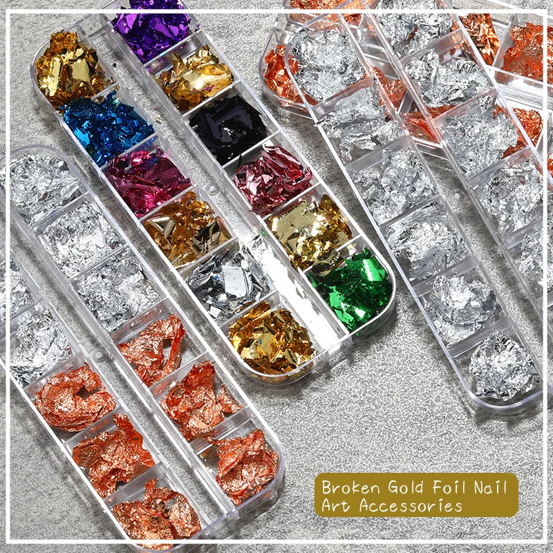 

12 Grids/1 Box of Gold, Silver, Rose Gold Irregular 12-color Sequins Tin Foil Hot Stamping Paper DIY Nail Decoration Accessories