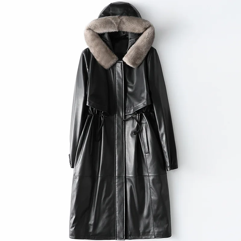 

Autumn Winter Leather White Down Jacket Women Mink Collar Sheepskin Coat Hooded Long Thick Warm Black Loose Pleated Overcoat