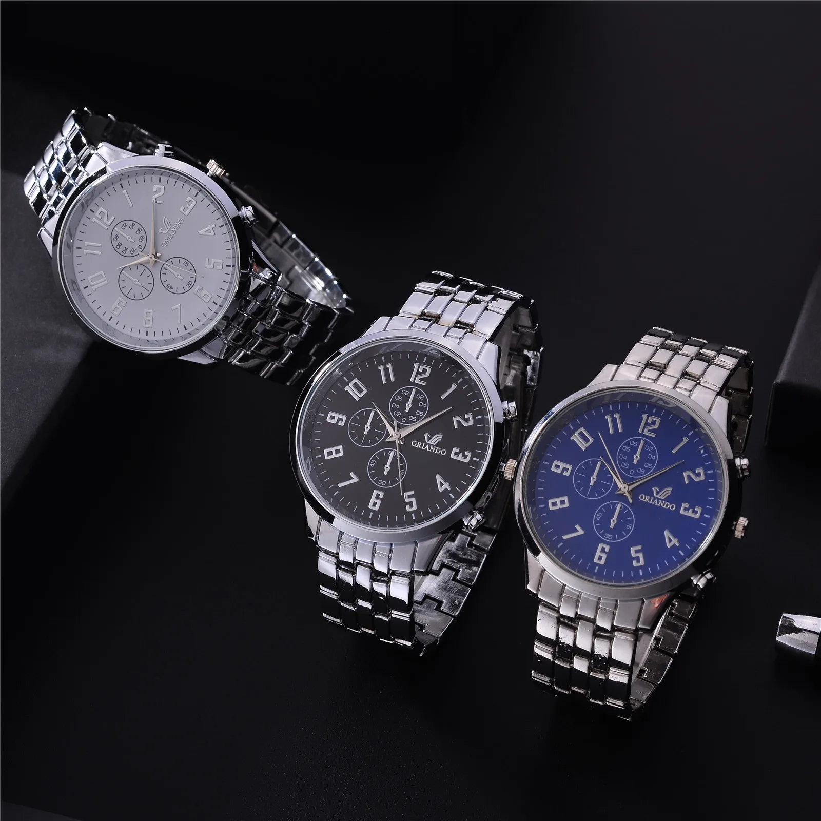 

New fashion watch steel band three-eye digital men's watch casual scale dial tempered glass business men's watch