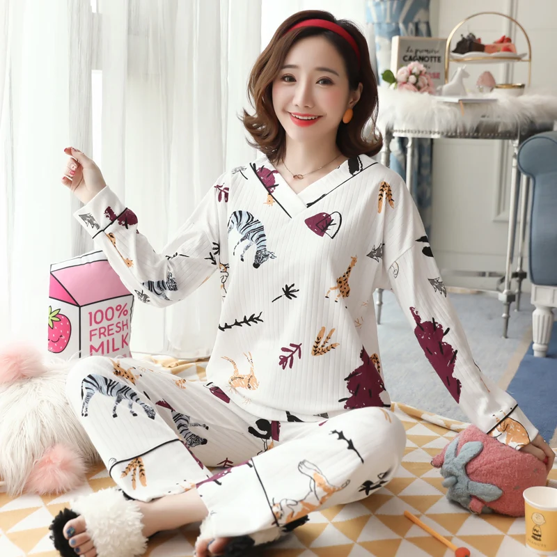 Женская Хлопковая пижама с v-образным вырезом комплект одежды для сна милым