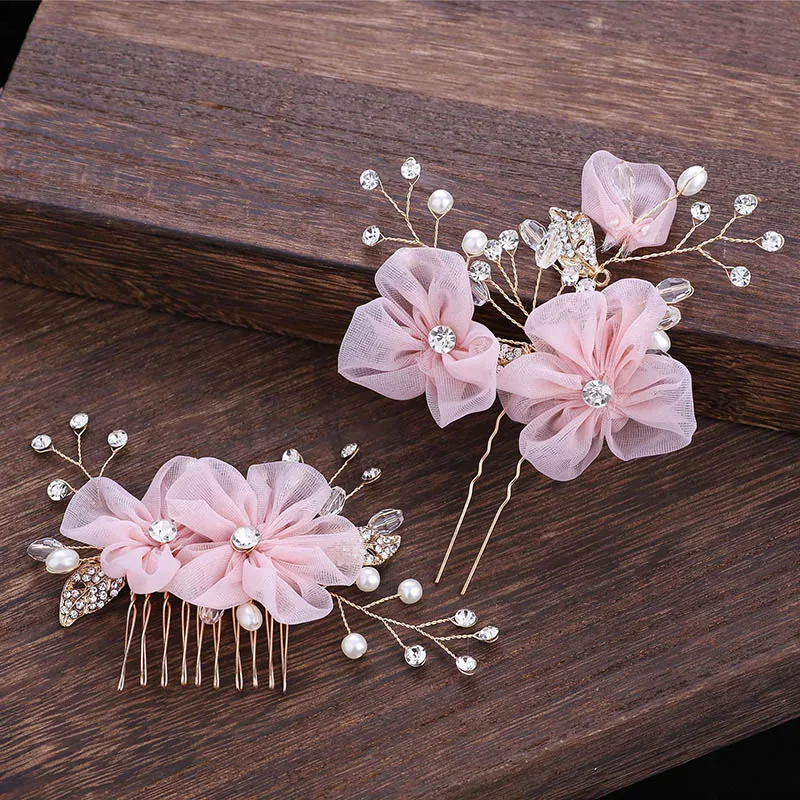 High Fashion Pink Yarn Flower Crystal Simulated Pearls Hair Combs Hairpins Clips Bride Noiva Bridal Wedding Party Jewelry Sets | Украшения