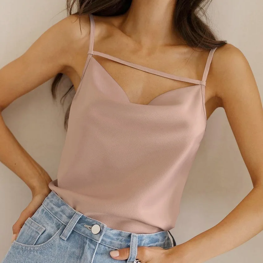 

Fashion Satin Women Tank Top Casual Loose Spaghetti Strap Hollow Out Black White Summer Y2k Top 121501WTA