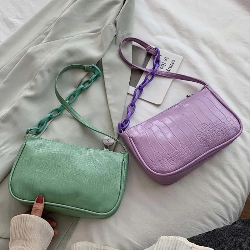 

Candy Color Ladies Chain Small Shoulder Bag Fashion Trend PU Leather Women Handbags Retro Crocodile Pattern Female Clutch Purse