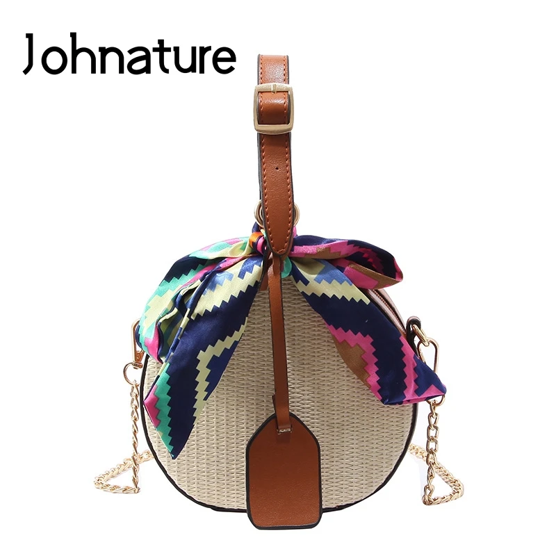 Женская круглая сумка на плечо Johnature однотонная Соломенная Сумка-Кроссбоди с