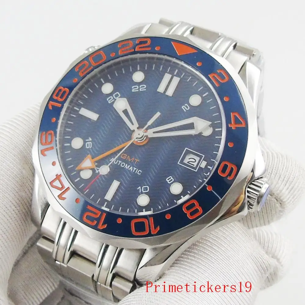 

New arrival bliger 41mm blue dial sapphire crystal GMT calendar mechanical automatic men wristwatch with GMT function