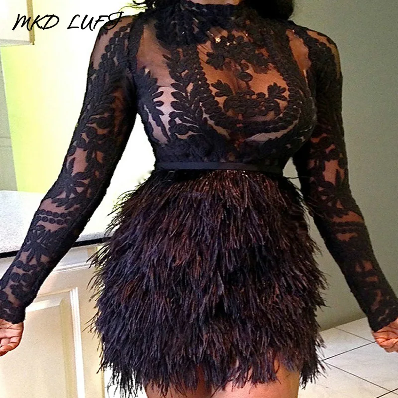 Сексуальный прозрачный кружевной топ и юбка из искусственного меха Женский