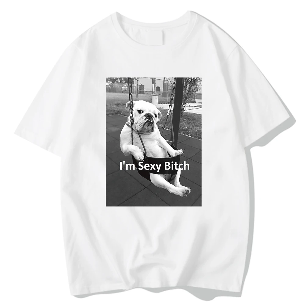

Футболка мужская с принтом I'm Sexy Dog надпись «сидящая на качели», простая тенниска с круглым вырезом, фирменные топы с мультяшным принтом, кру...