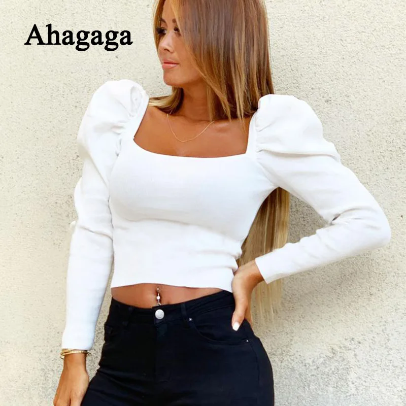 2019 короткие футболки женские топы Модные однотонные обычный длинный рукав