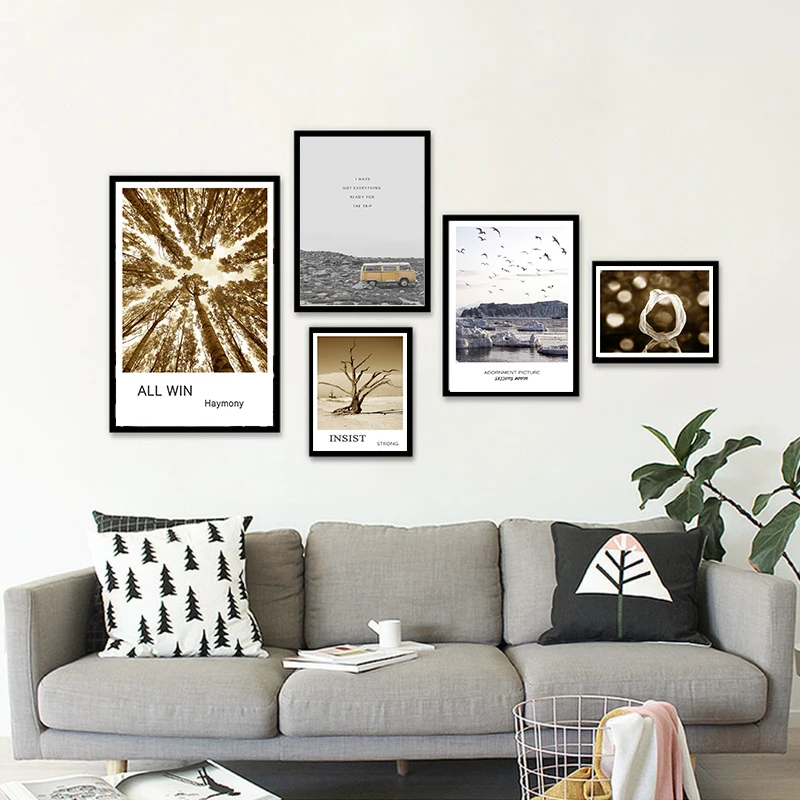 Скандинавский стиль дорожный автомобиль золотое дерево пейзаж холст настенный