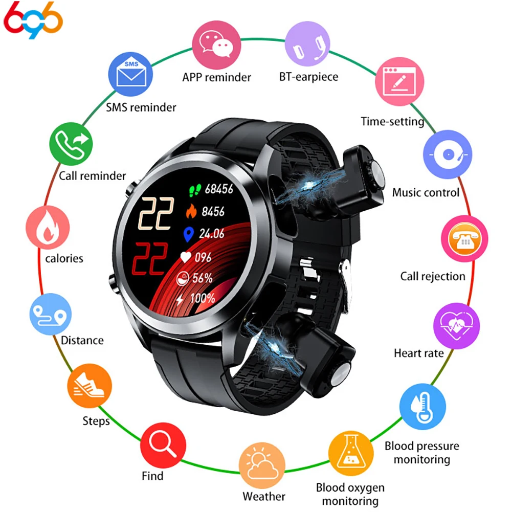 New Tws 2 In 1 Wireless Bluetooth Headset Smart Watch Men Full Touch Screen Heartrate Sport Music Smartwatch For Android IOS | Электроника