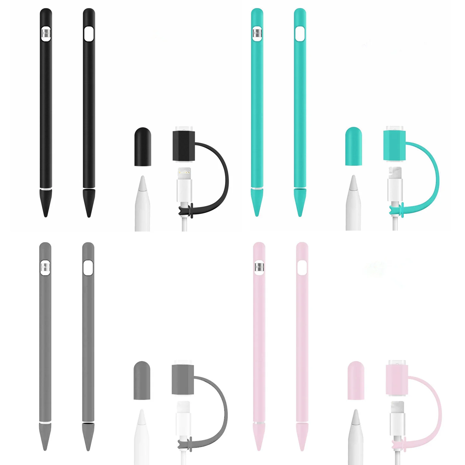 

1PCS Soft Silicone Grip Sleeve Holder+1PCS Anti-loss Charging Cable Adapter Tether+2PCS Nib Covers for Apple Pencil Accessories