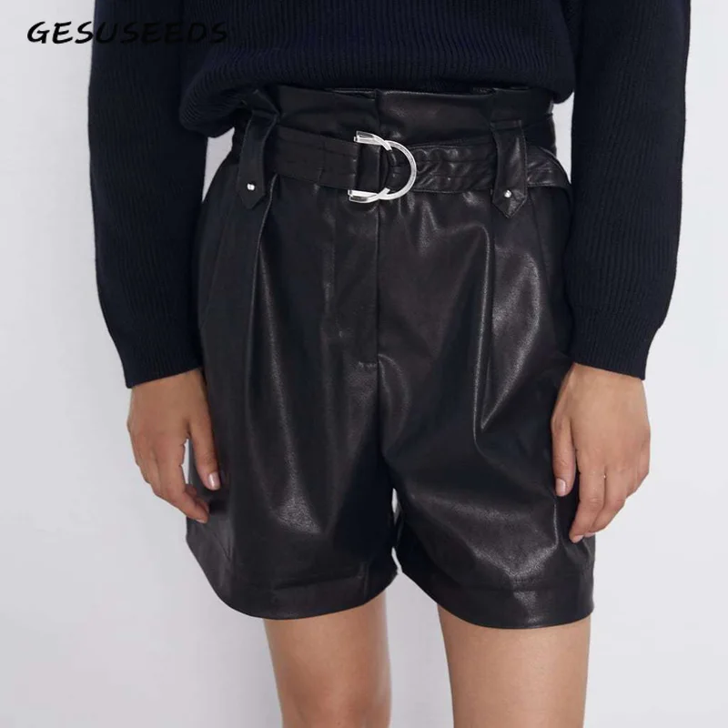 

High Waist Leather Shorts for Woman PU Faux Leather Shorts Women Elegant Tie Belt Casual Shorts Female Korean Fashion Black