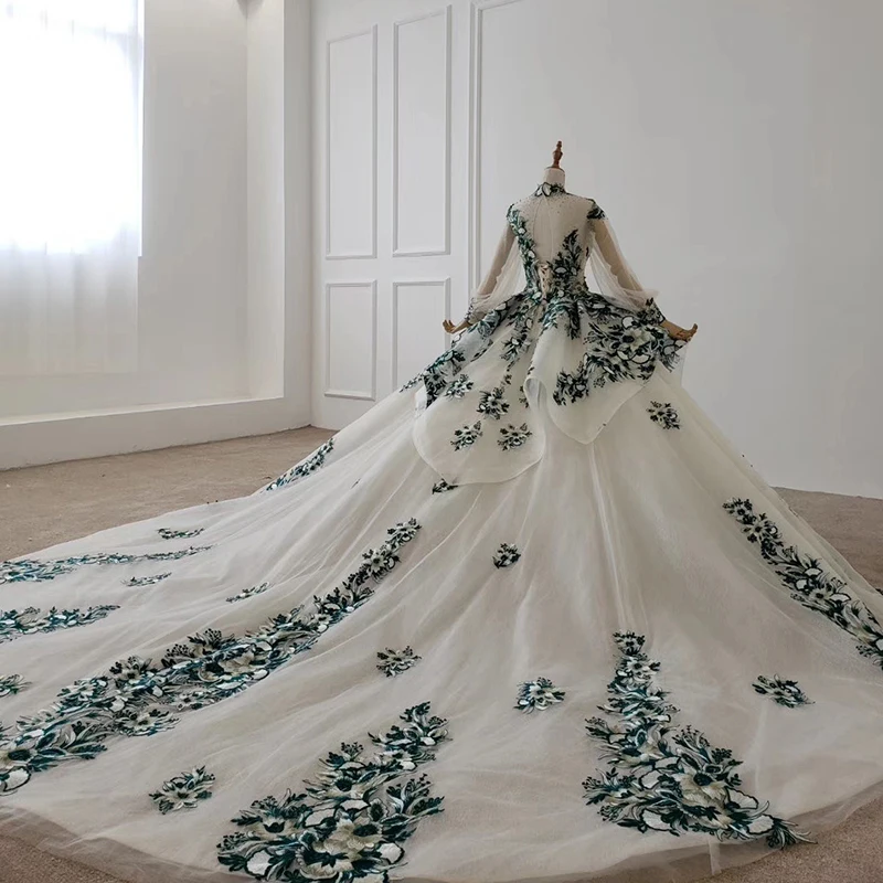 HTL1129 green flowers evening dress long sleeve high neck ball gown elegant formal dress evening gown luxury sukienki wieczorowe
